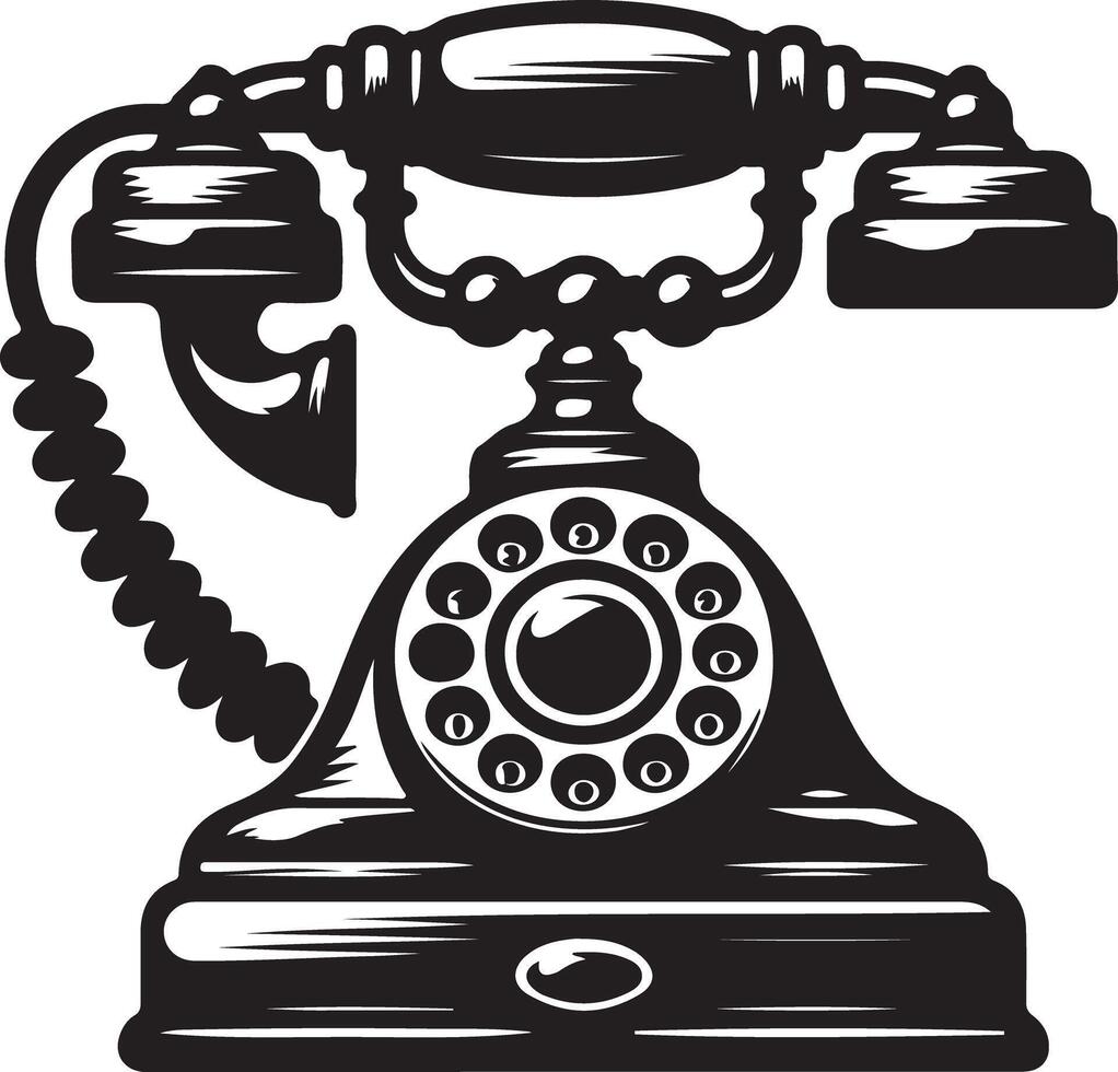 A black and white illustration of an old fashioned rotary dial telephone with a coiled cord attached vector