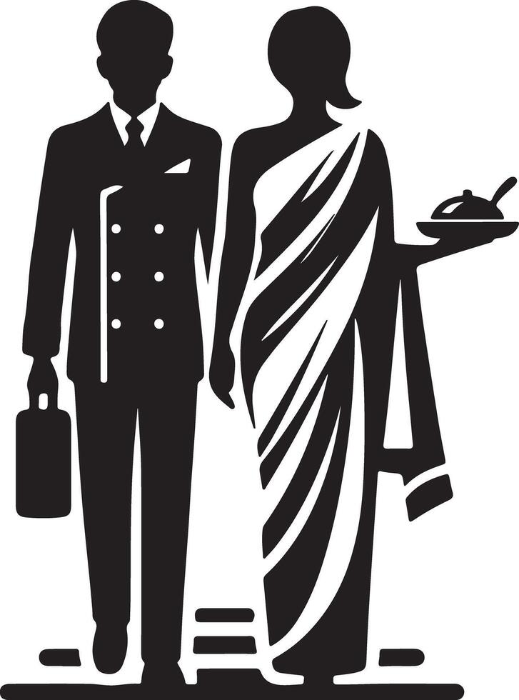 Black and white silhouette of a man and woman in formal attire walking together vector