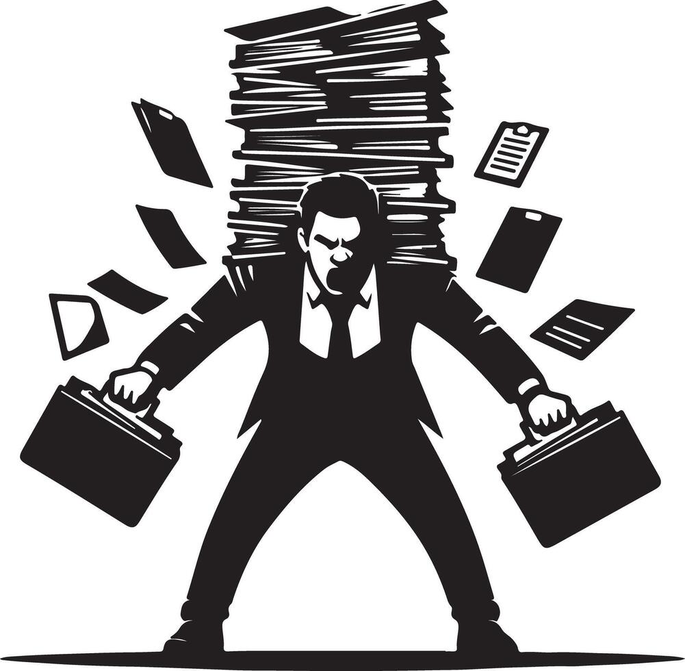 A stressed businessman overwhelmed by paperwork and carrying briefcases in black and white illustration vector