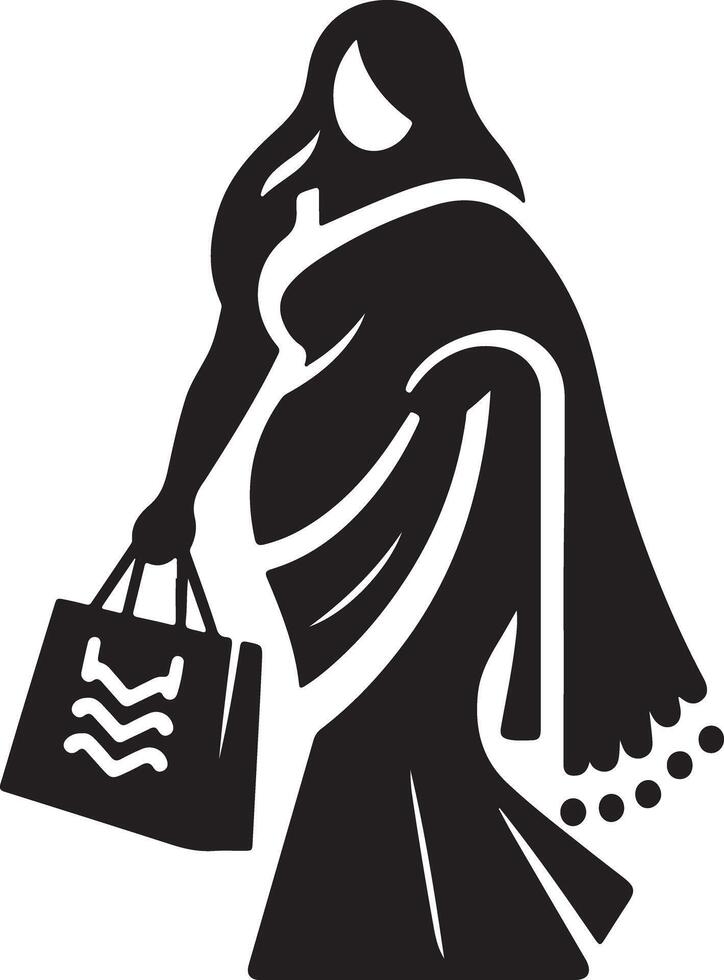 Silhouette of a woman in a sari holding a shopping bag with wavy lines design on the bag front vector