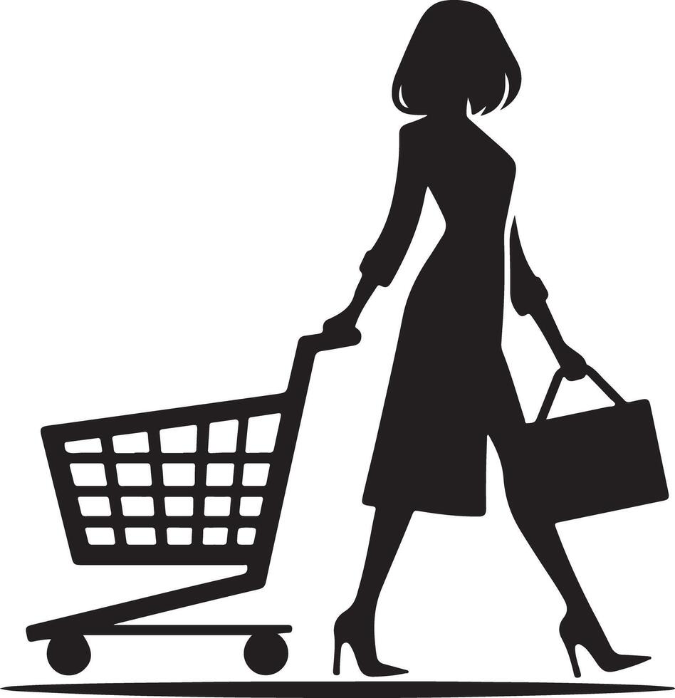 Silhouette of a woman walking with a shopping cart and a bag in black and white illustration style vector