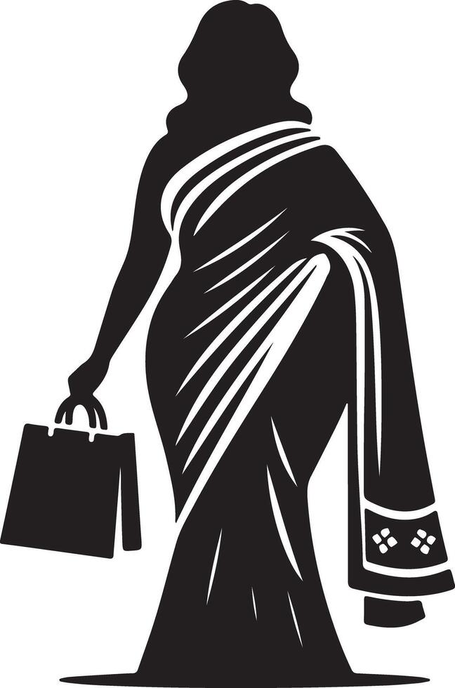 Silhouette of a woman in a saree holding a shopping bag in a black and white illustration vector