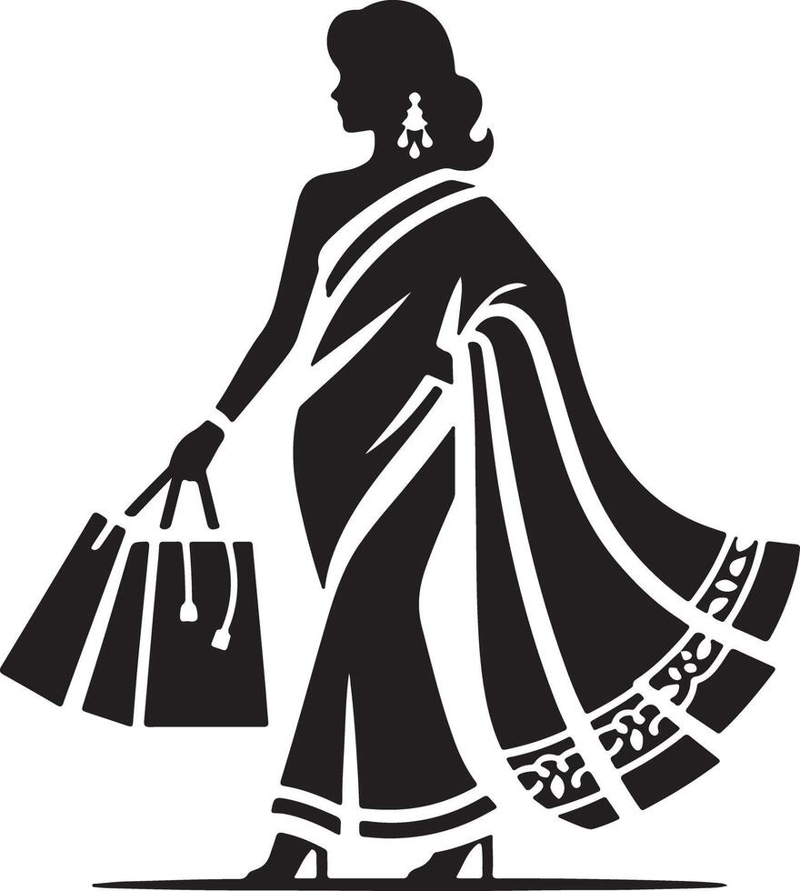 Silhouette of woman in sari holding shopping bags with earring and bracelet in black and white design vector