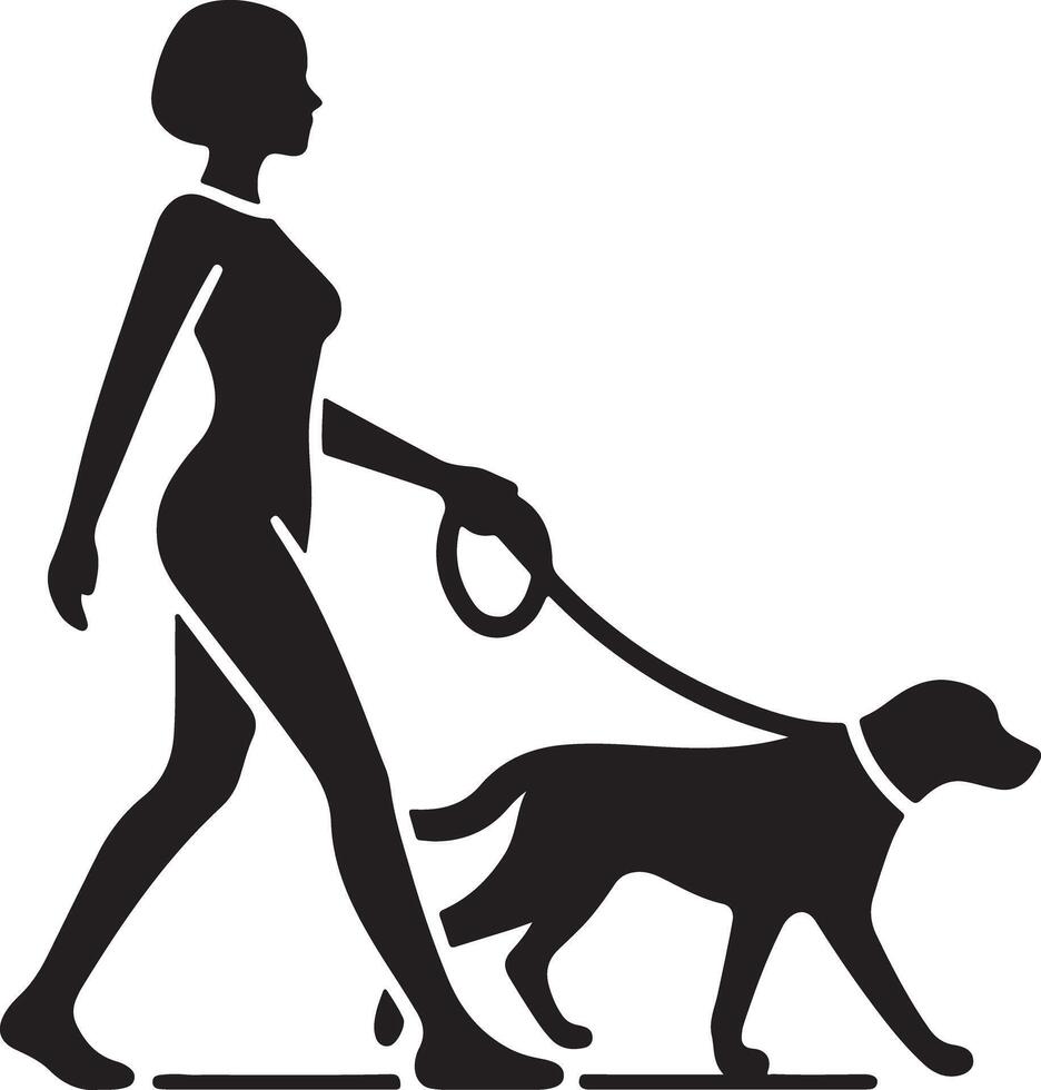 A black silhouette of a woman walking a dog on a leash in a simple and minimalist illustration style vector