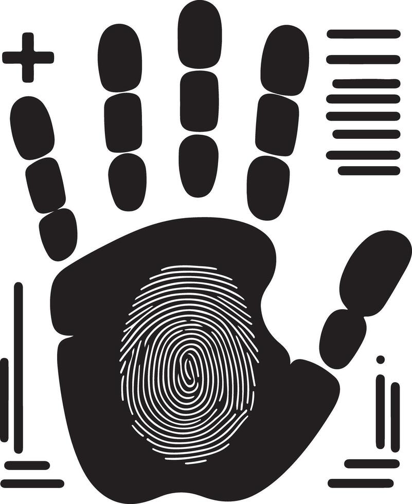 Illustration of a black handprint with a fingerprint in the palm and graphic elements around it vector