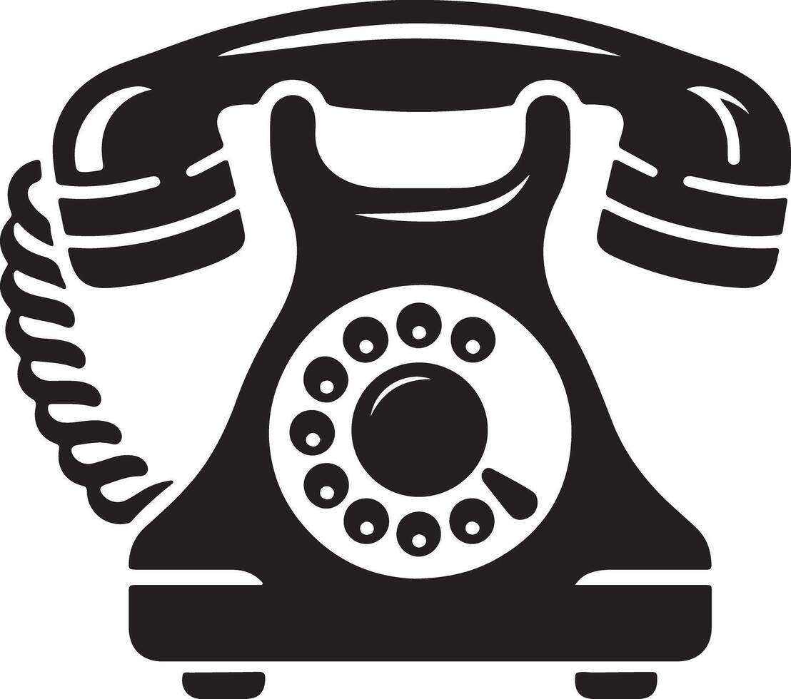 A black and white graphic of a rotary telephone with a coiled cord and a circular dial design element vector