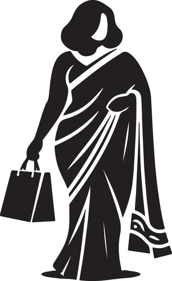 Silhouette of woman in saree holding shopping bag in black and white minimalist illustration vector