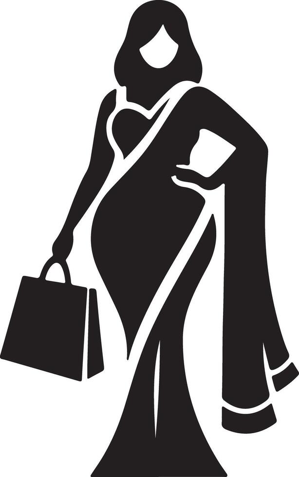 Silhouette of a woman in a saree holding a shopping bag with a hand on her hip in black and white vector