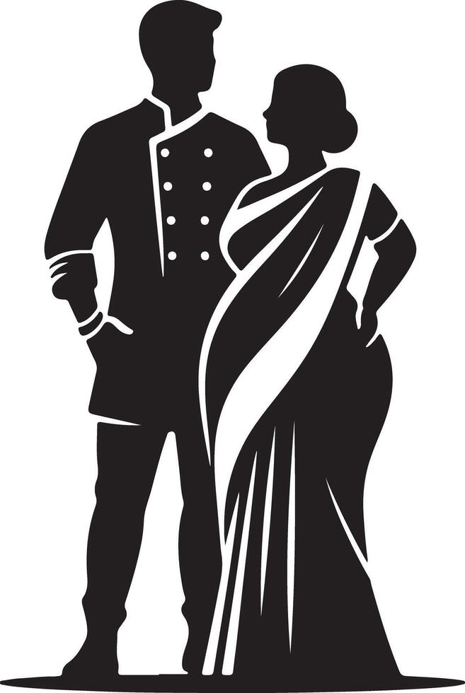 Silhouette of chef and woman in saree standing together on a white background vector