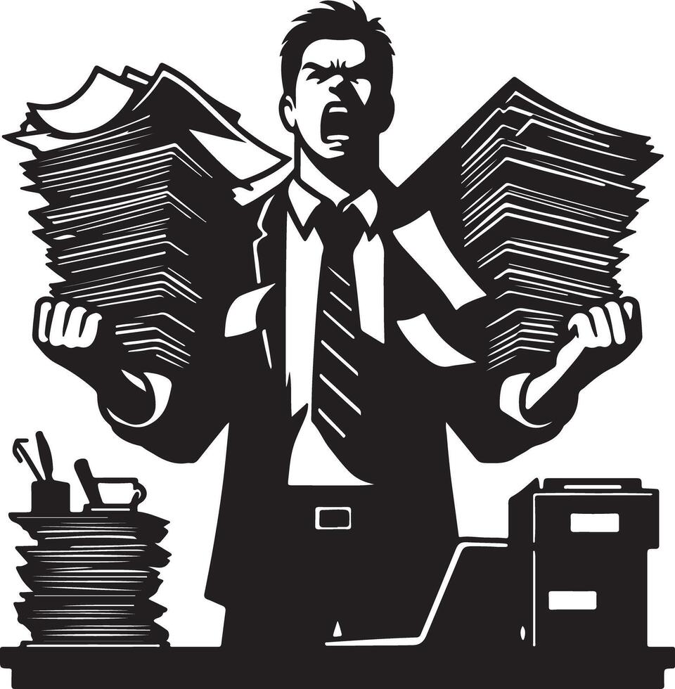 A stressed businessman yelling while holding piles of papers in a black and white illustration style vector
