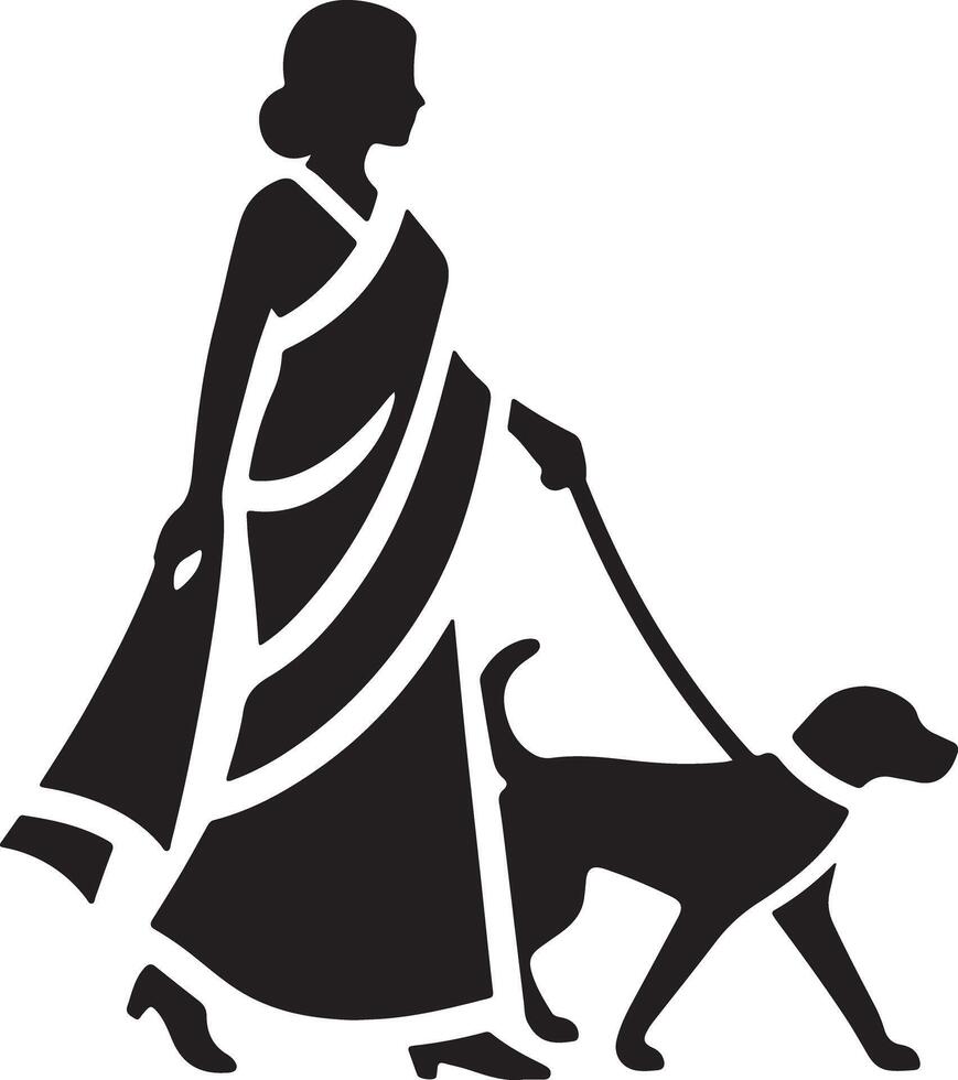 A silhouette of a woman in a saree walking a dog on a leash in a simple black and white illustration vector