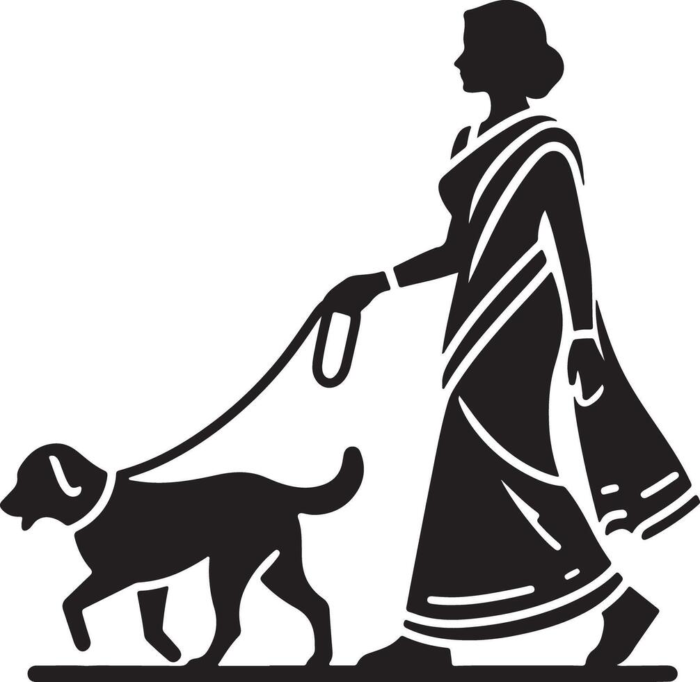 Silhouette of a woman in a sari walking a dog on a leash in a simple black and white design vector