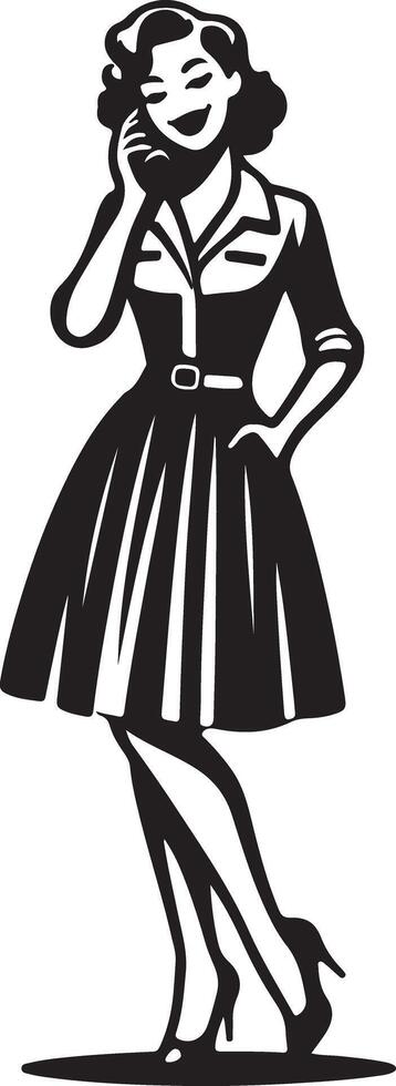 A retro woman in a dress talking on a phone in black and white art illustration style image vector