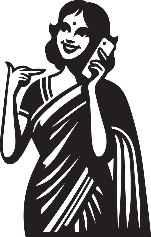A woman in a sari is talking on a cell phone and pointing with her finger in a black and white image vector