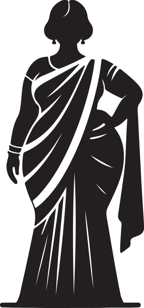 Silhouette of a woman wearing a saree with hand on hip in black and white illustration style vector