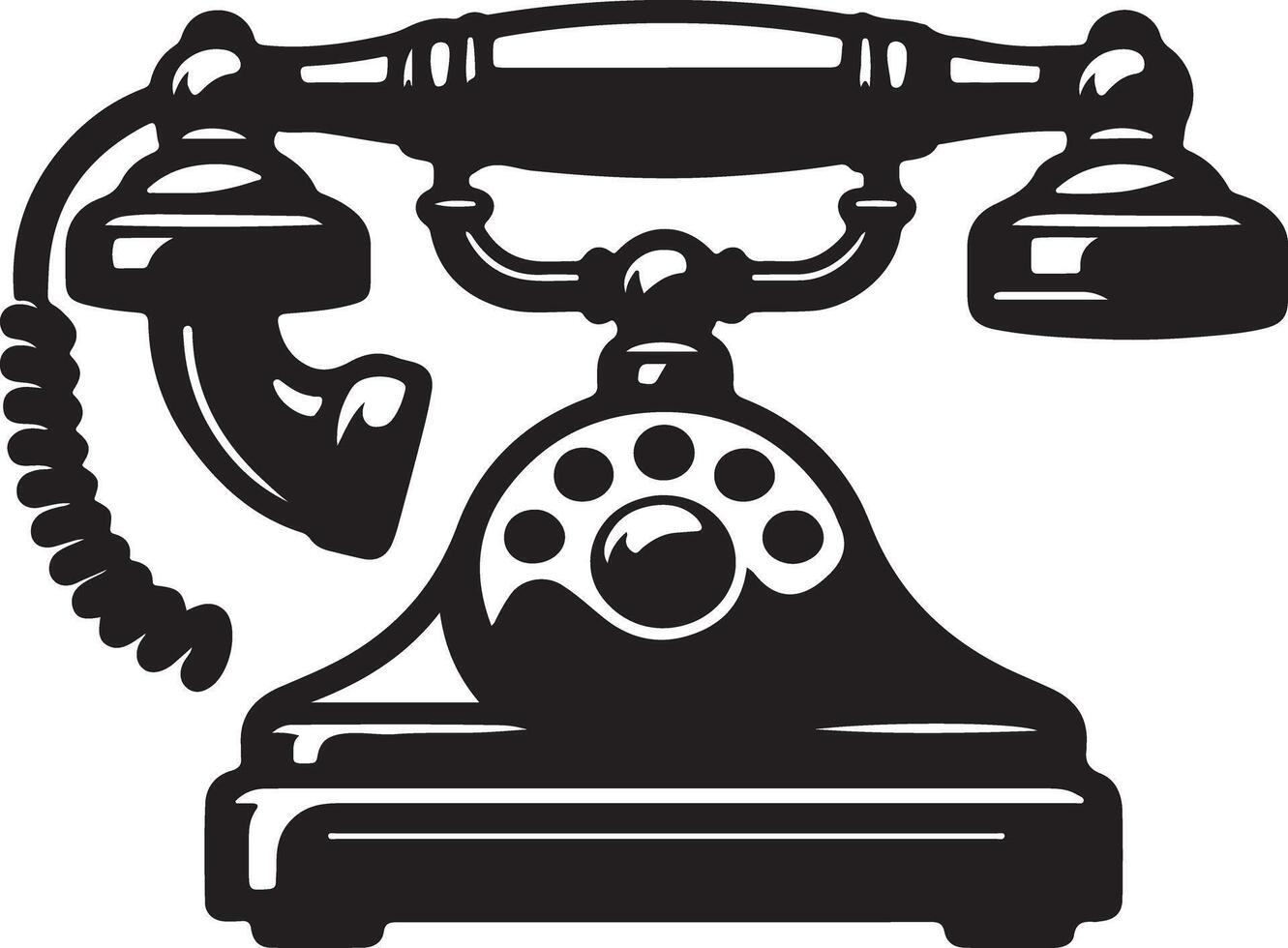 A black and white illustration of a vintage rotary dial telephone with a coiled cord and receiver on hook vector