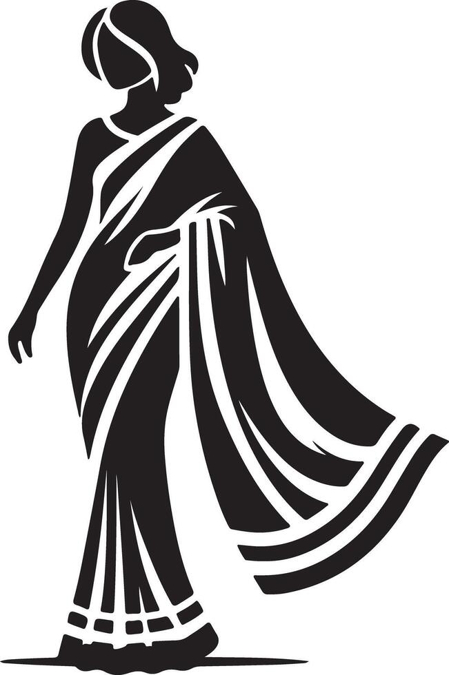 Silhouette of woman in saree with draped fabric and stylized hair in black and white illustration vector