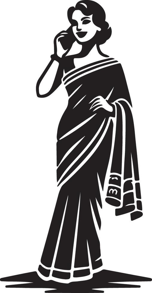 Graphic silhouette of a woman in a saree talking on a phone with a hand on her hip in black and white vector
