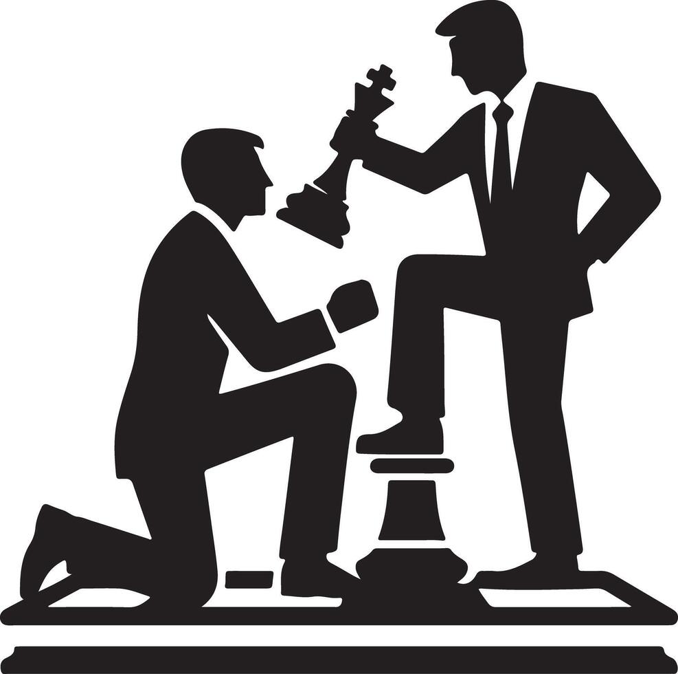 Silhouette illustration of two men one kneeling and one standing with a chess piece in hand vector