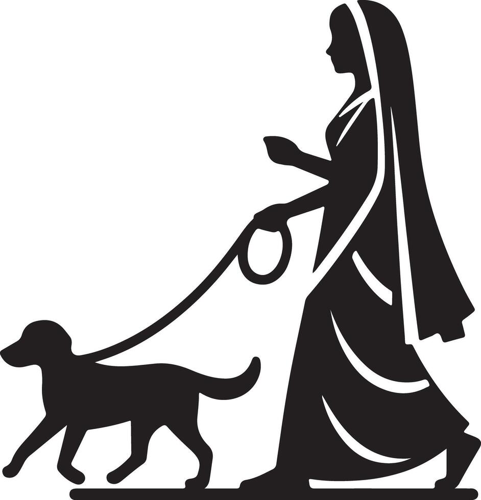Silhouette of a woman in a sari walking a dog on a leash in a black and white illustration style vector