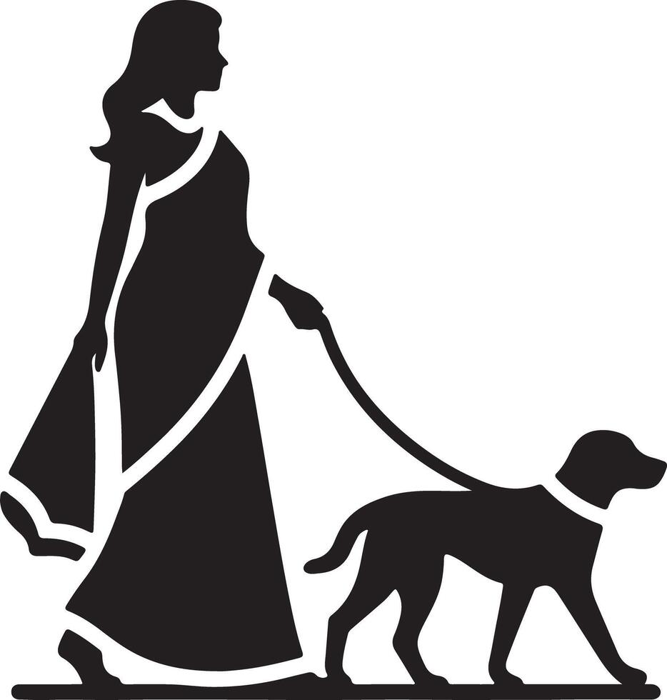 Silhouette of a woman in a dress walking a dog on a leash in a black and white illustration vector