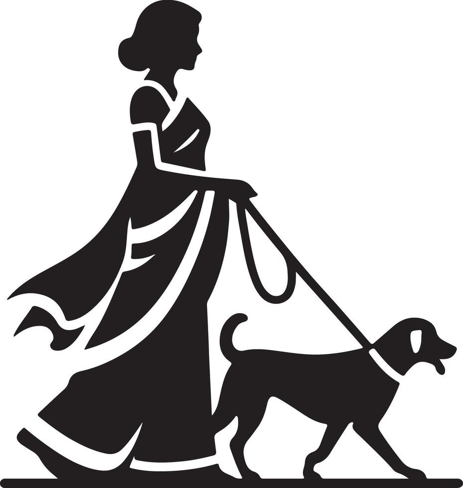 Silhouette of a woman in a saree walking a dog on a leash in a simple black and white design style vector