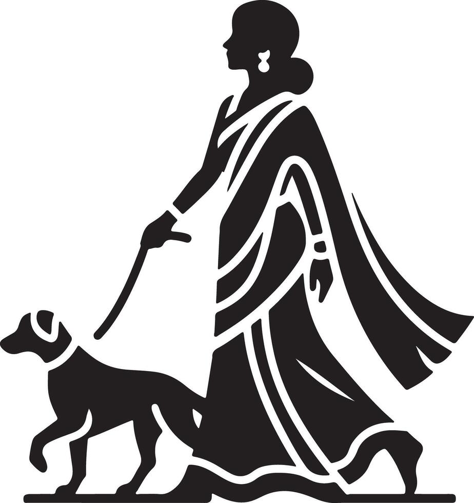 A silhouette of a woman in a saree walking with a dog and holding a walking stick in black and white vector