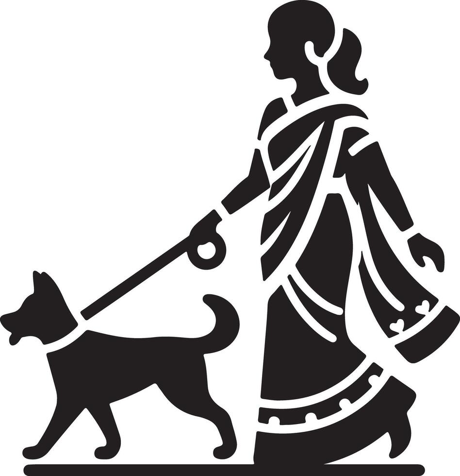 Illustration of a woman in a sari walking a dog on a leash in black and white silhouette style vector