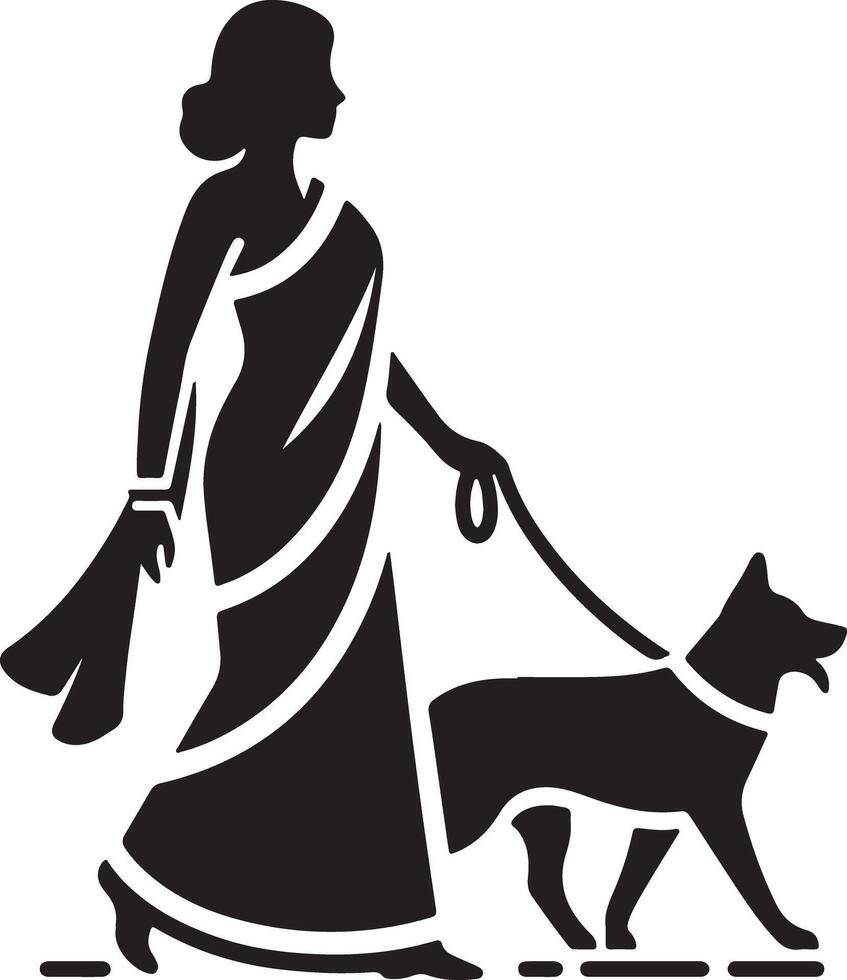 Silhouette of a woman in a sari walking a dog on a leash in a simple black and white illustration vector