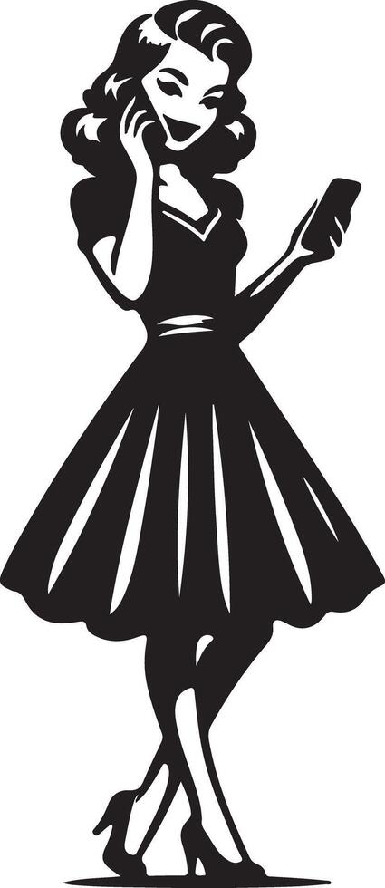 Silhouette of a woman in a dress holding a phone to her ear and another phone in her hand vector