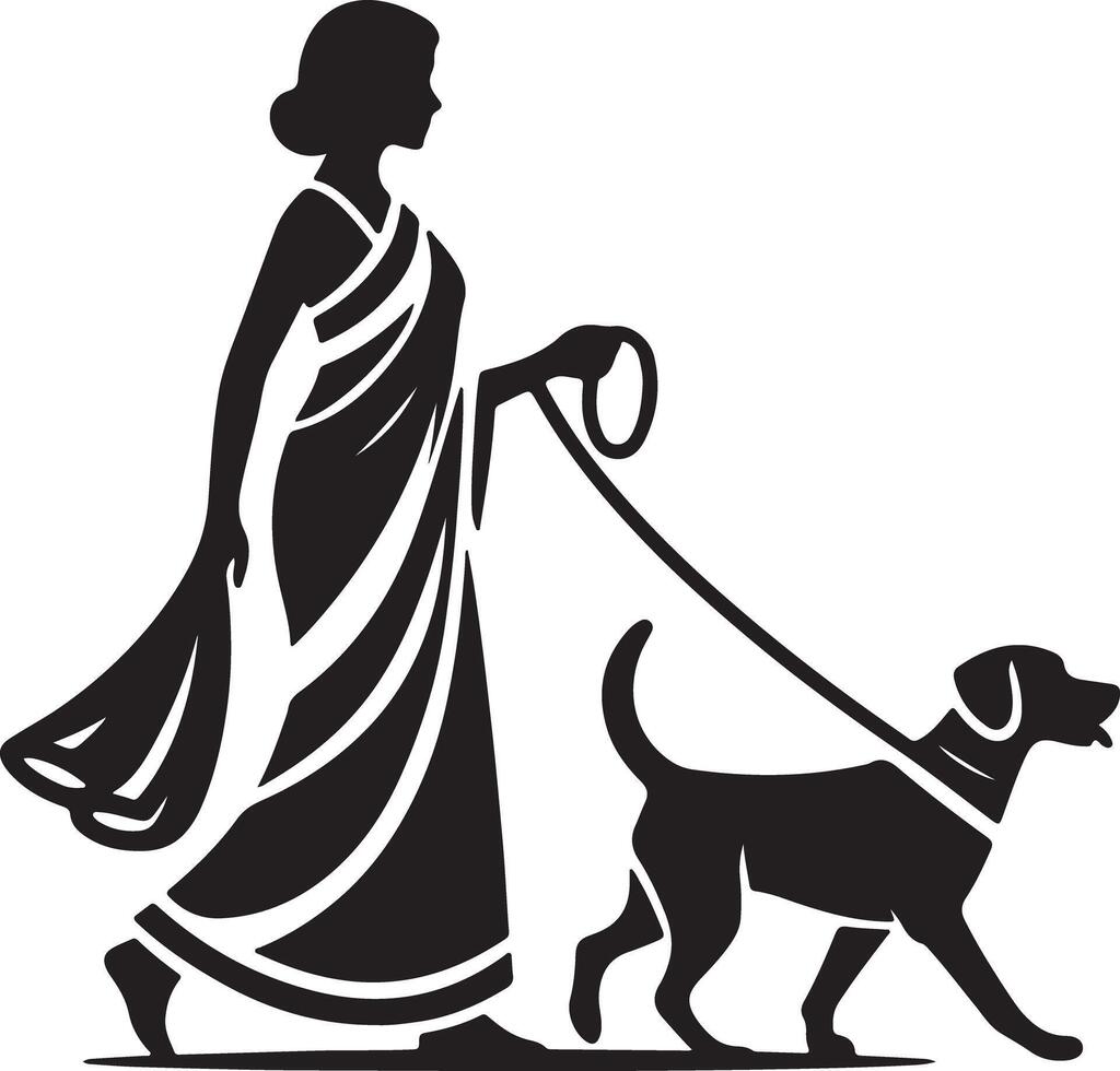 Silhouette of woman in sari walking dog on leash in black and white simple illustration art vector