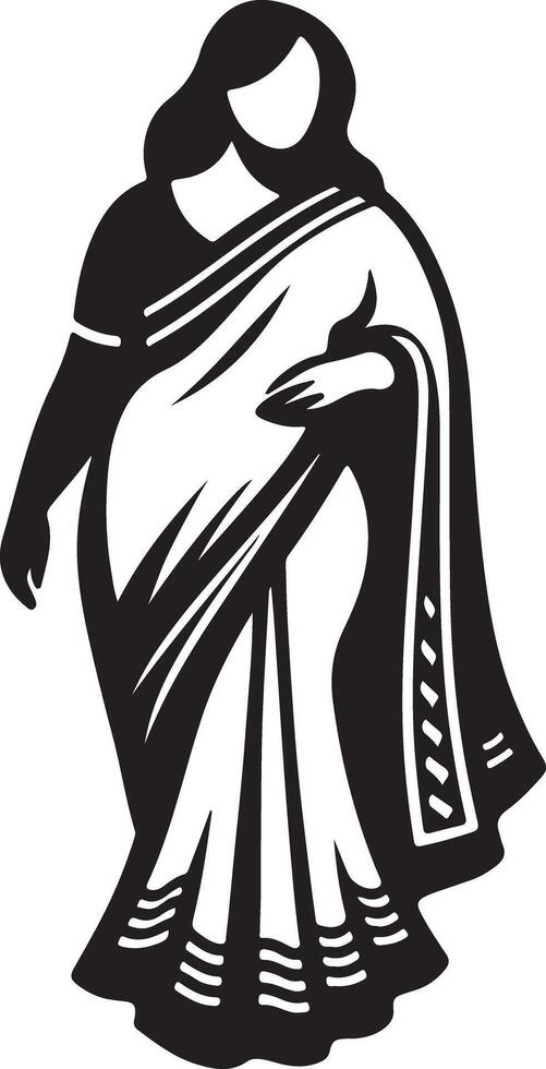 Illustration of a woman in a saree with black and white color scheme and simple design elements used vector
