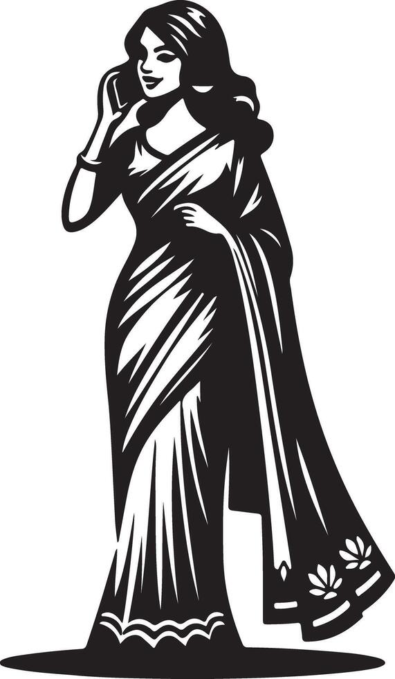 Illustration of a woman in a sari talking on a phone in black and white design style vector