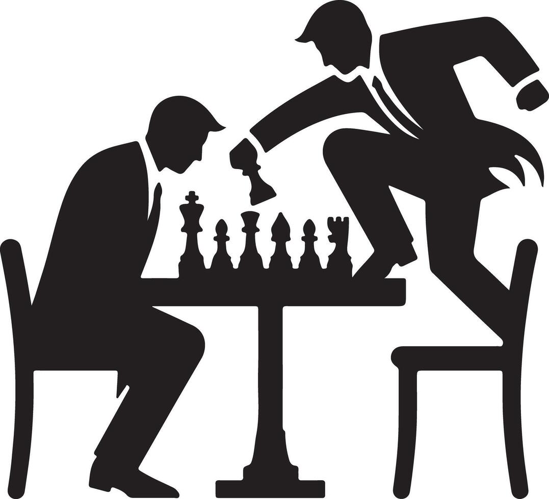 A black and white silhouette of two men playing chess with one jumping over the chessboard aggressively vector