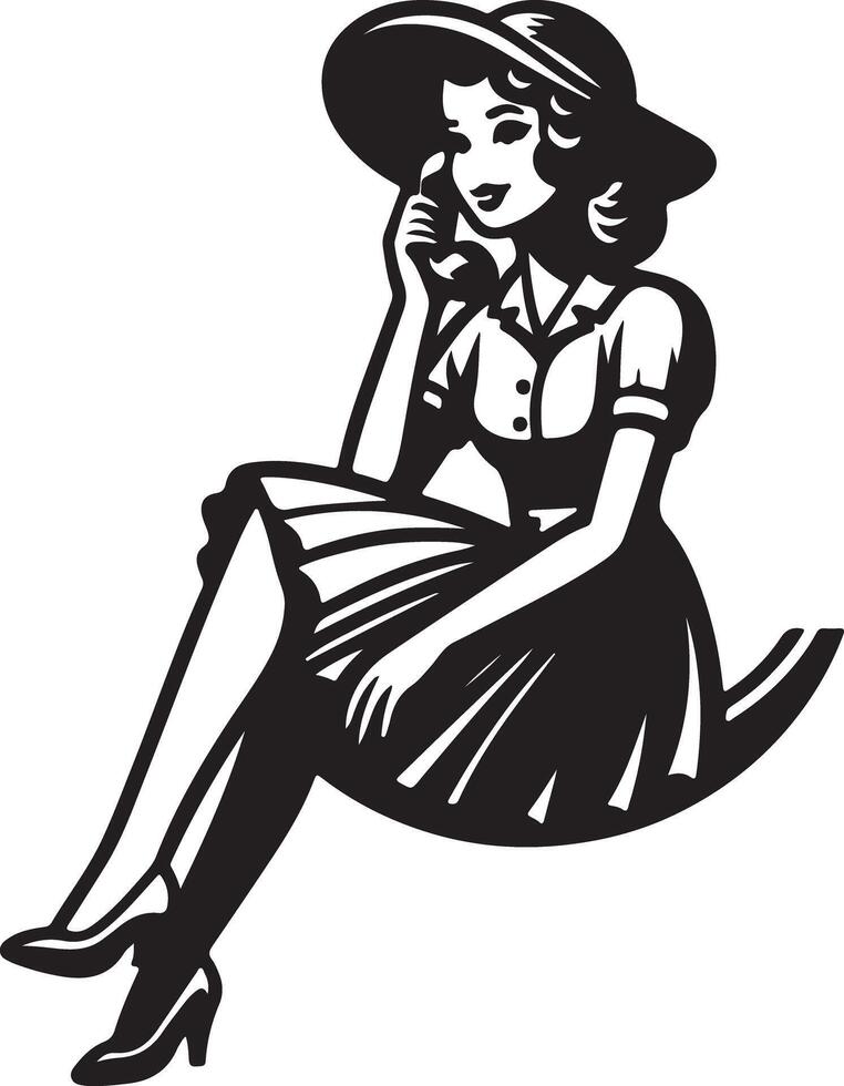 Illustration of a woman in a hat and dress sitting and talking on an old fashioned telephone device vector