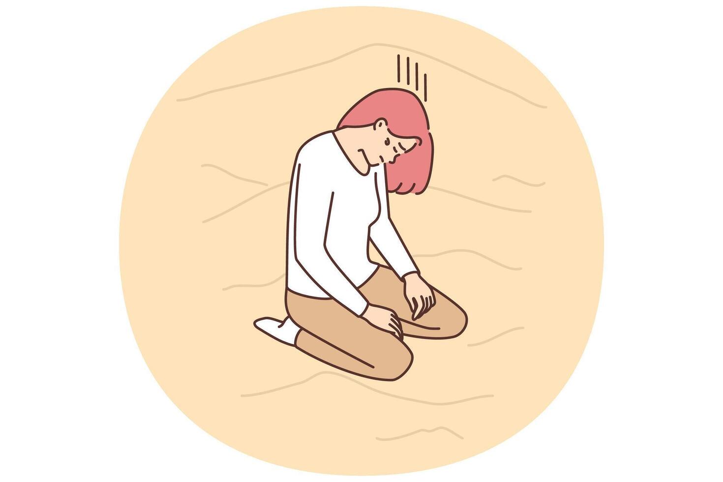 Lost woman kneels with head bowed on sand dunes in wilderness, suffering from thirst. image vector