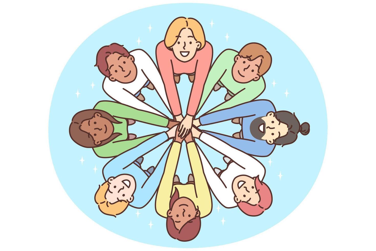 Multiracial people stand in circle with hands outstretched to demonstrate friendship vector