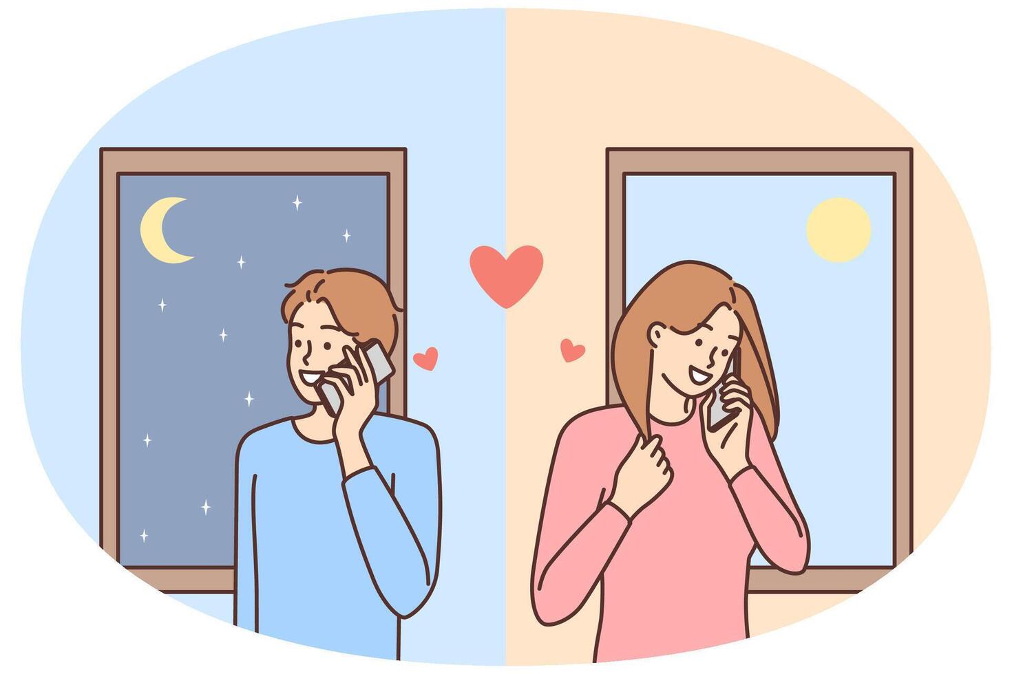 Man and woman in love are flirting on phone in different countries during trip vector