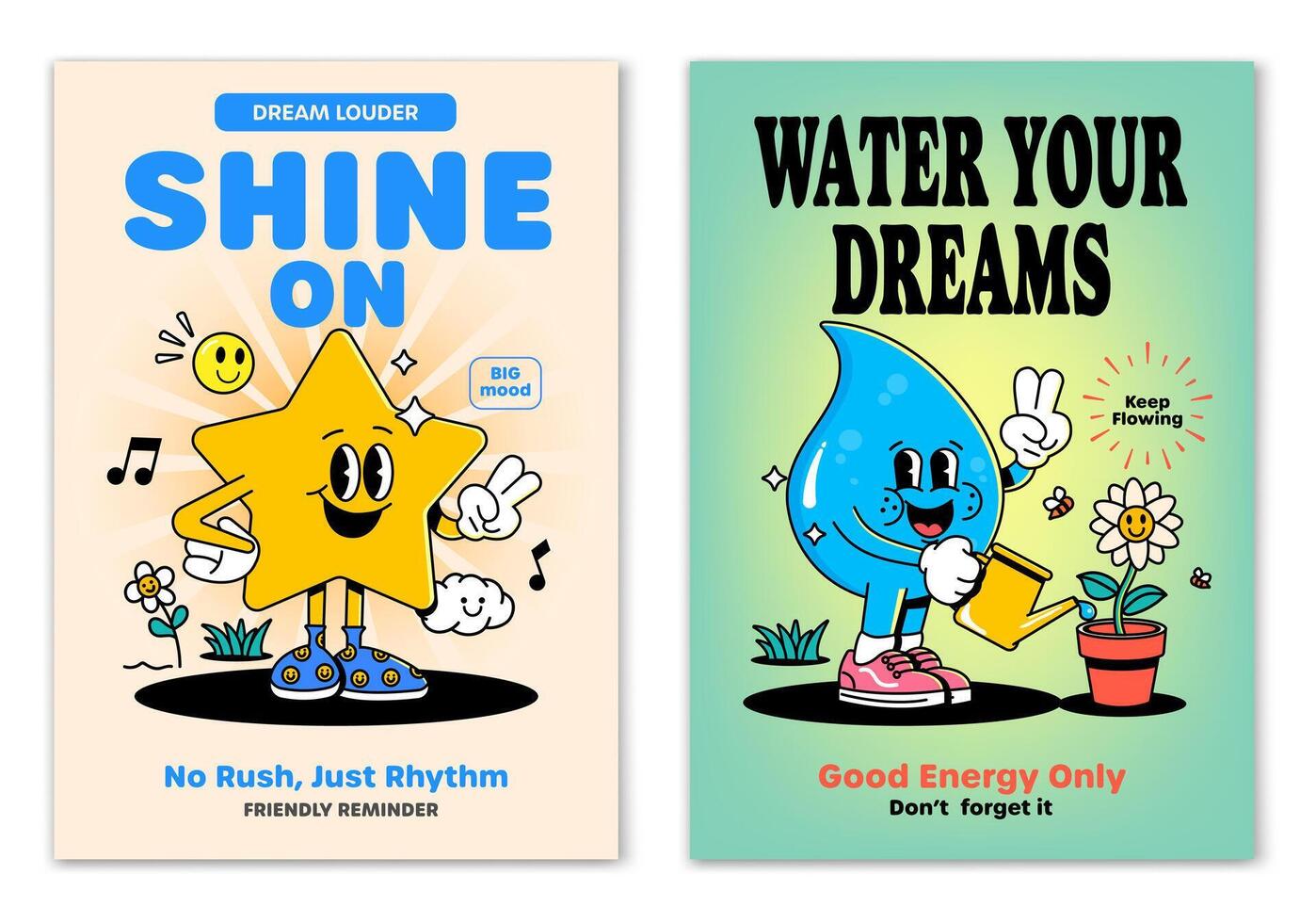 Retro cartoon smiled Golden Star and Watter drop mascot character surrounded by smiled elements and motivation lettering. Illustration for t-shirt print or poster design vector
