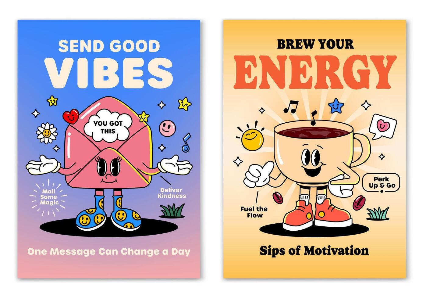 Retro cartoon smiled Envelope and Cup of Coffee mascot character surrounded by smiled elements and motivation lettering. Illustration for t-shirt print or poster design vector