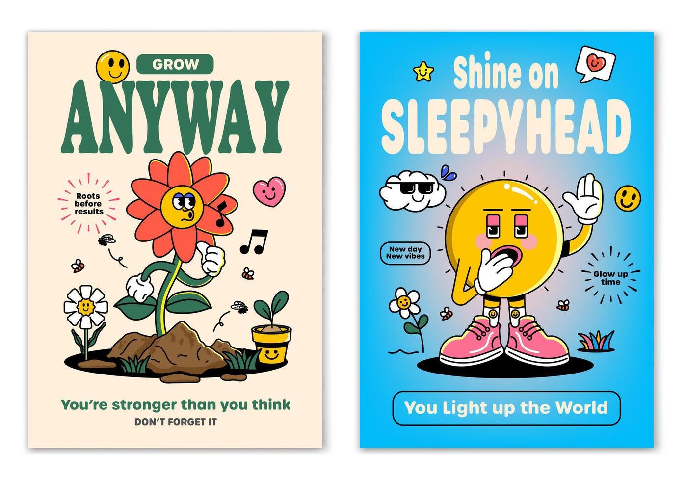 Retro cartoon smiled Flower and Sleepy Sun mascot character surrounded by smiled elements and motivation lettering. Illustration for t-shirt print or poster design vector