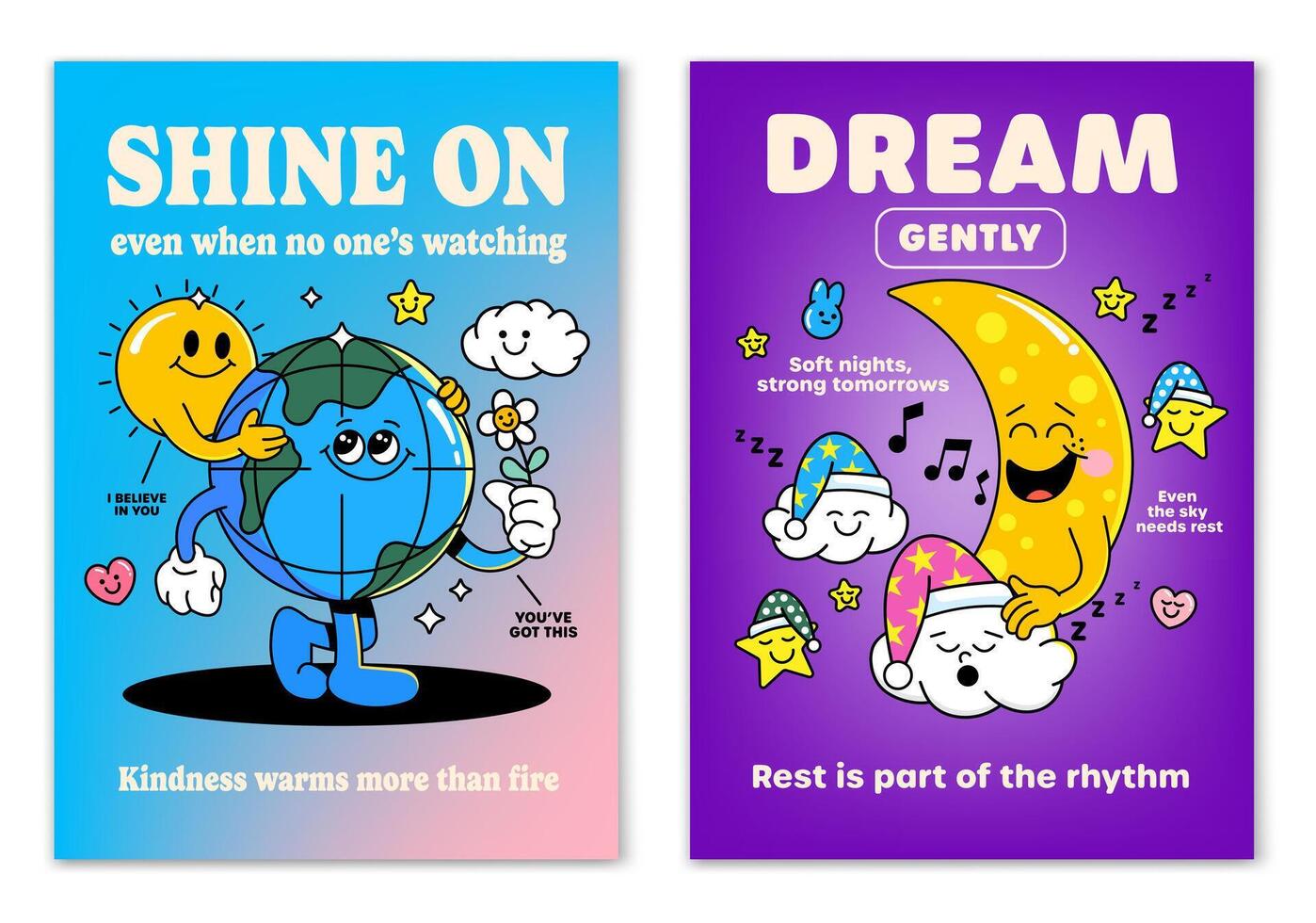 Retro cartoon smiled Sun and Earth and Sleepy Moon mascot character surrounded by smiled elements and motivation lettering. Illustration for t-shirt print or poster design. vector