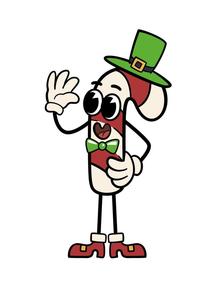 Christmas groovy candy cane character with hat and bow. Retro illustration. Isolated on white background. vector