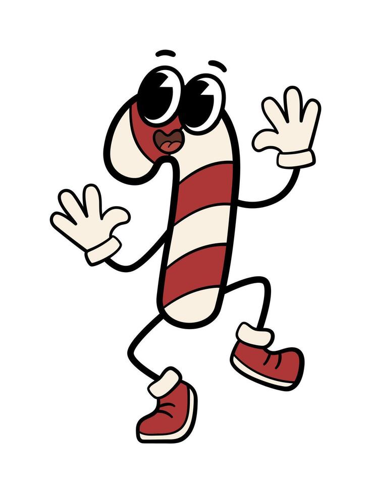 Candy cane character. Funny cartoon groovy dancing Christmas candy. Isolated on white background. vector
