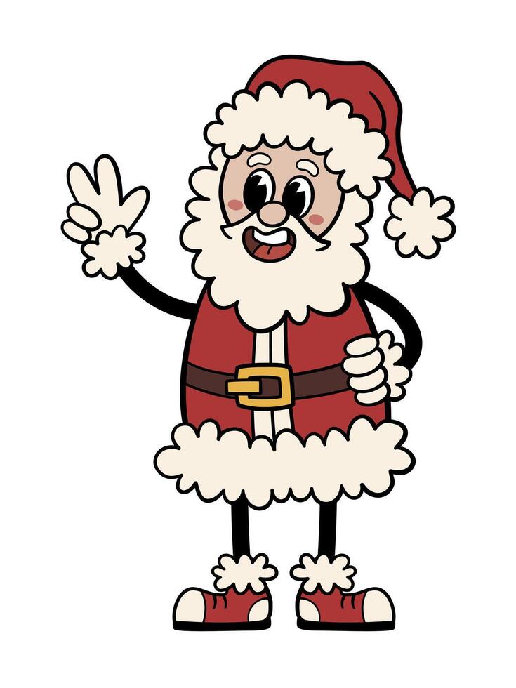 Christmas groovy Santa Claus showing victory gesture. Funny and cool holiday retro character. Isolated on white background. vector
