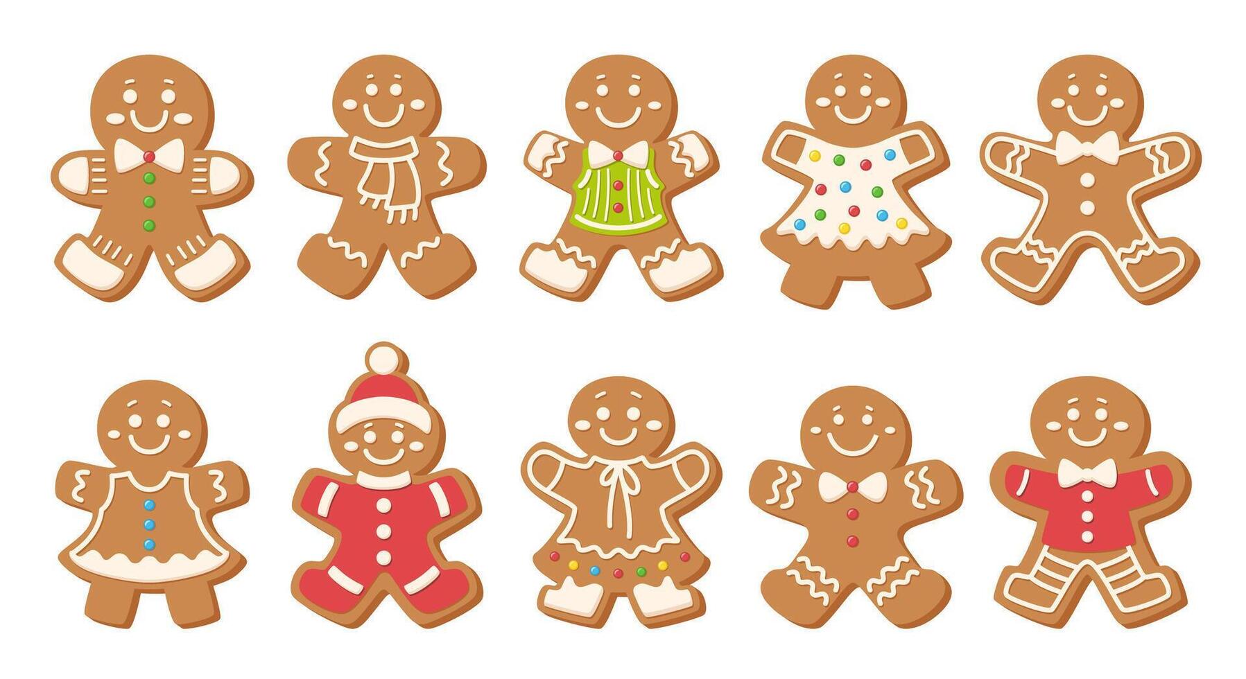 Gingerbread men set. Christmas cookies with decorations and patterns made of icing and confectionery sprinkles. A festive traditional treat, perfect for cards, packaging. vector