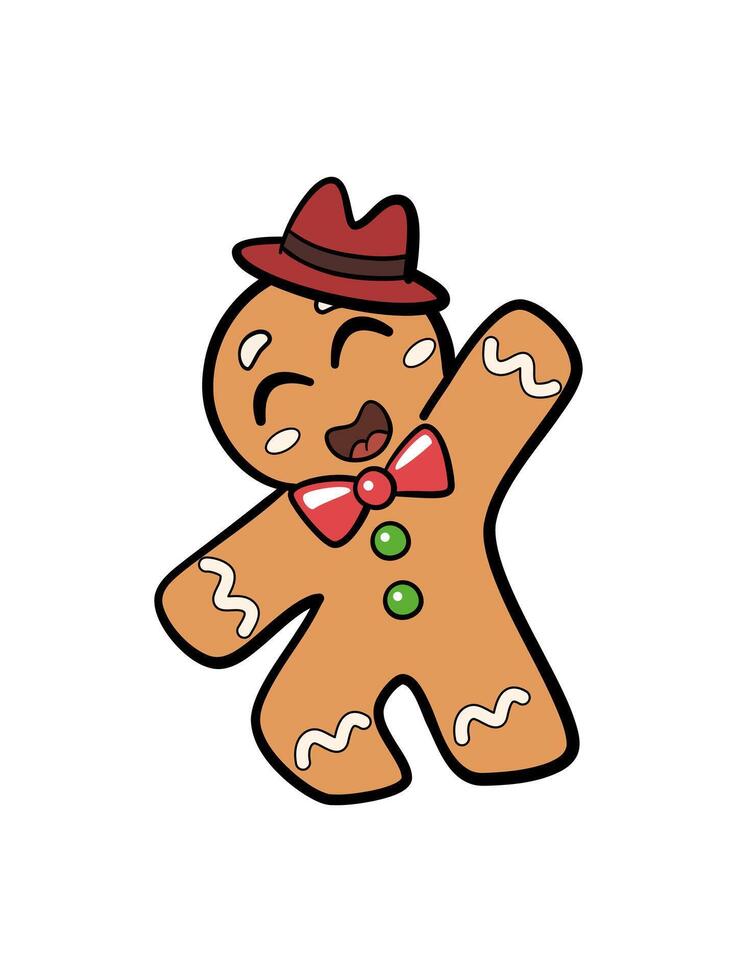 Gingerbread man in a hat dancing. Christmas cool and funny character. Isolated on white background. vector