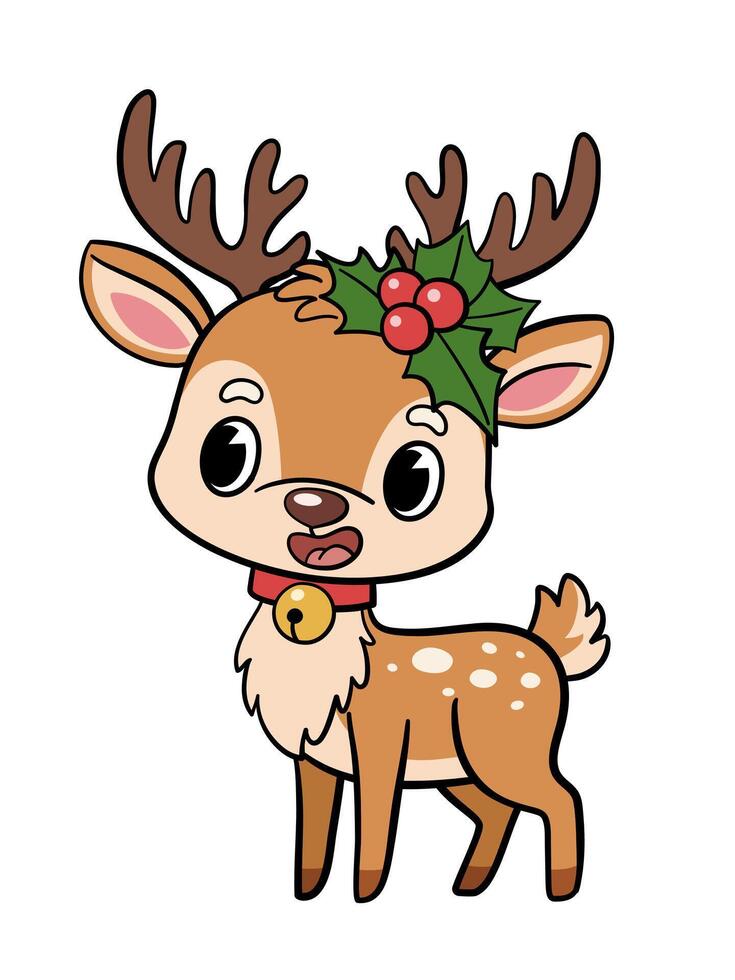 Groovy christmas santa reindeer with holly sprig and bell on neck. Cheerful festive cartoon character with outline on white background. vector