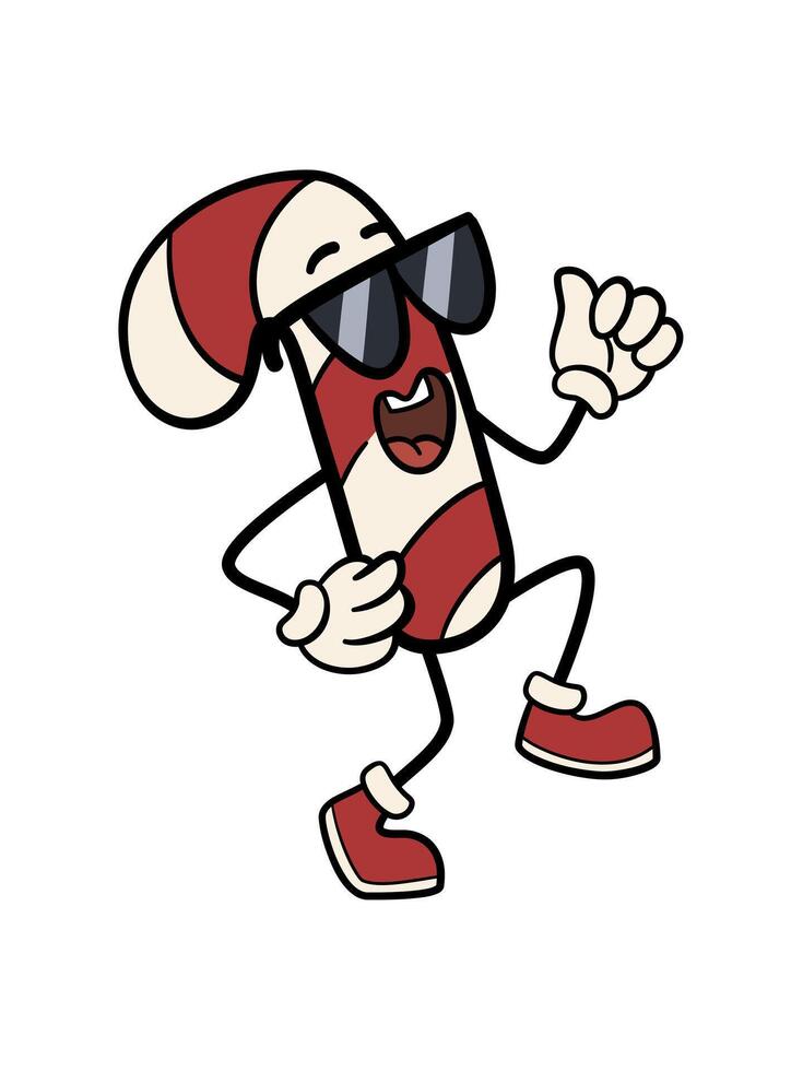 Groovy candy cane. Cartoon retro character illustration. Running skipping Christmas candy. Isolated on white background. vector