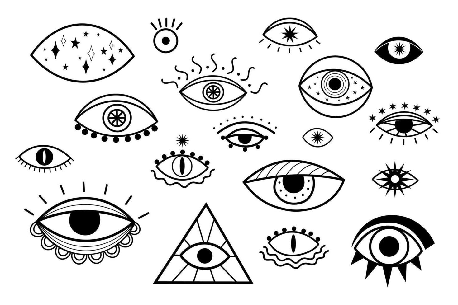 Evil eyes, Hamsa, hand of Fatima in line art. Abstract talismans with eye shapes, Greek Turkish esoteric sign for design, tattoo, card, poster, colouring. Magic witchcraft occult, yoga, lifestyle vector